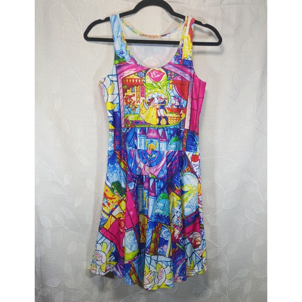 Disney Beauty and the Beast Stained Glass Skater Dress Sleeveless Multi Color